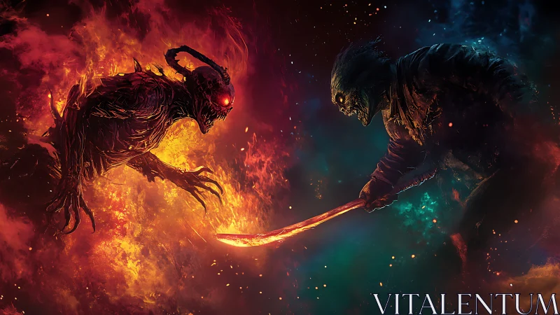 Infernal blade duel between fire demon and spectral warrior.