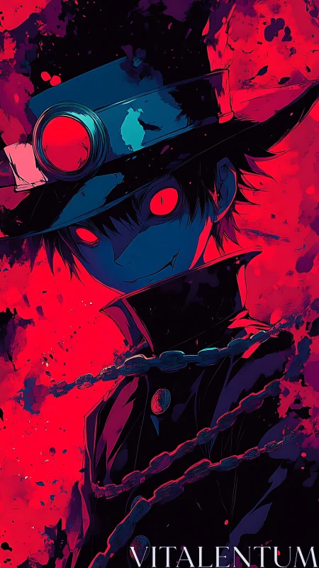 Dark anime figure stands in red and blue high contrast lighting