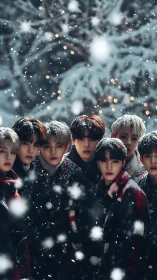 Group portrait of seven people in winter snowfall outdoors.