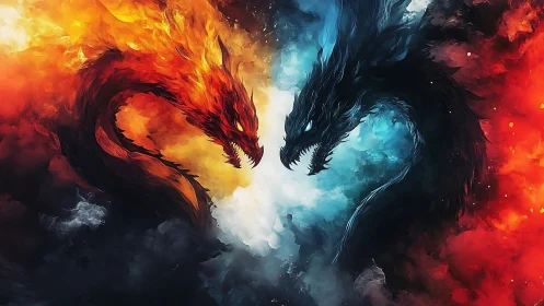 Elemental dragon duel splits fire and ice vortex sky.