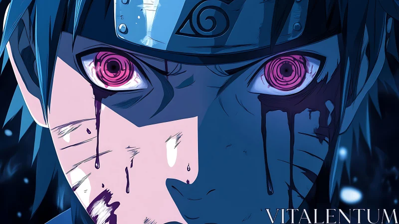 Anime close-up portrait with intense glowing eyes and scars.