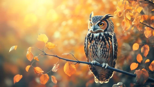 Majestic owl perched on autumn branch in soft golden sunlight.