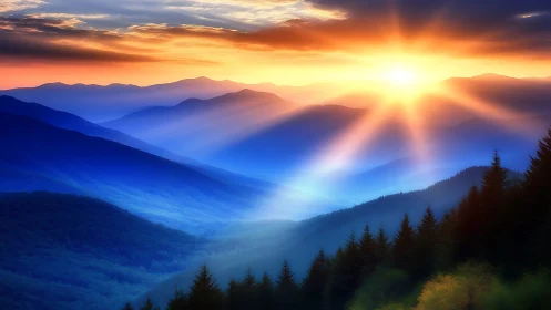 Radiant sunrise pouring over layered blue mountain ranges.