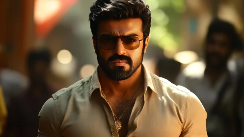 Sunlit street enforcer strides through blurred city heat.