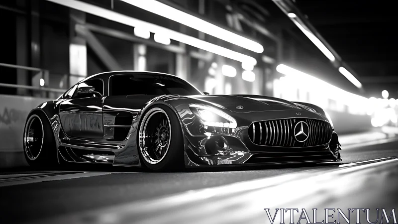 Sleek night cruiser gliding through a glowing city tunnel.