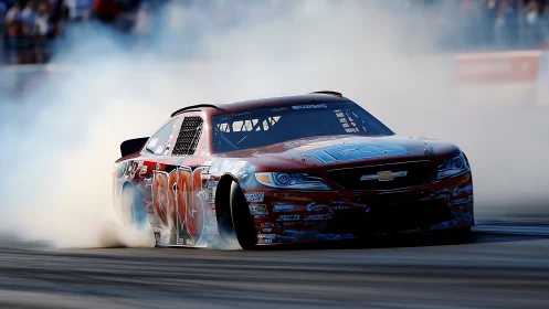 Race car executes high-torque burnout, generating dense tire smoke
