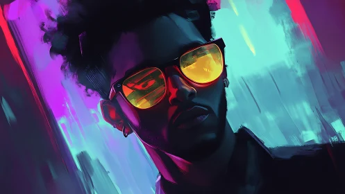 Digital portrait of man with yellow glasses in neon light.