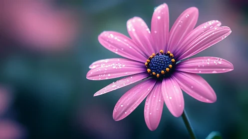 Pink Daisy with Dewdrops Against Blurred Teal Backdrop.