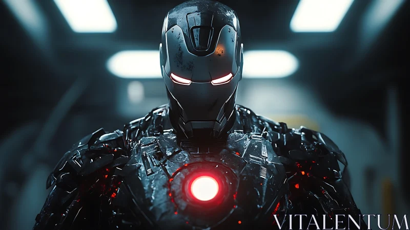 Humanoid combat exosuit with illuminated central reactor core.