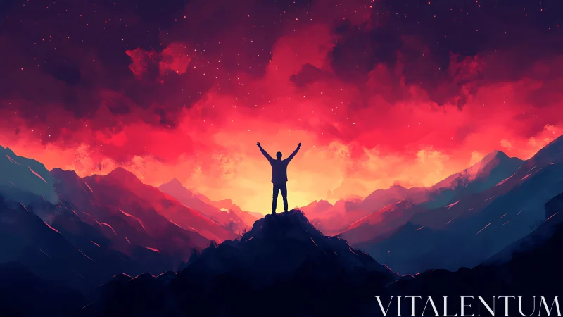 Silhouette on summit under vivid crimson cosmic sunrise.