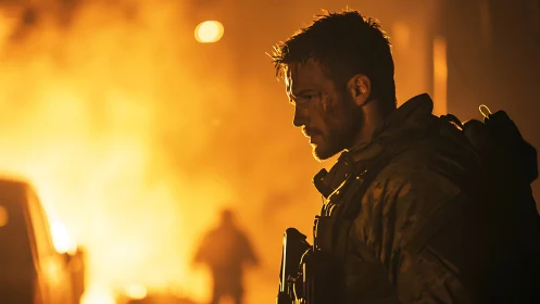 Battle-worn soldier scans burning urban warzone at dusk.