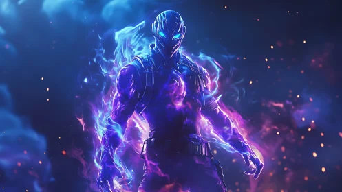 Mystic armored warrior glows with swirling neon cosmic fire