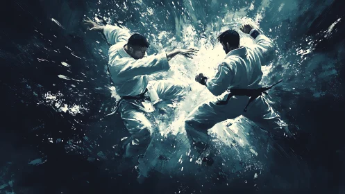 Martial artists colliding in explosive abstract energy burst.