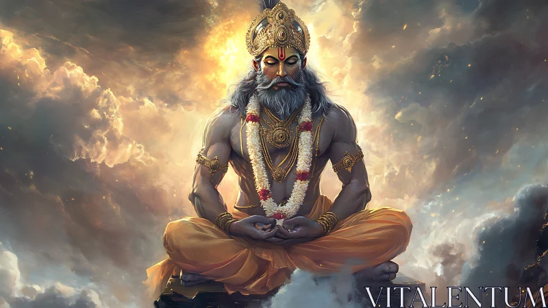 Mythic yogi deity in lotus meditation amid radiant storm clouds