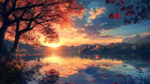 Spectral autumn lake horizon under volumetric sunset illumination.