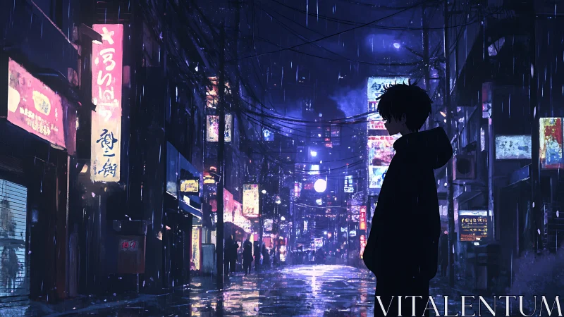 Solitary figure walks through neon city streets in rain-soaked night