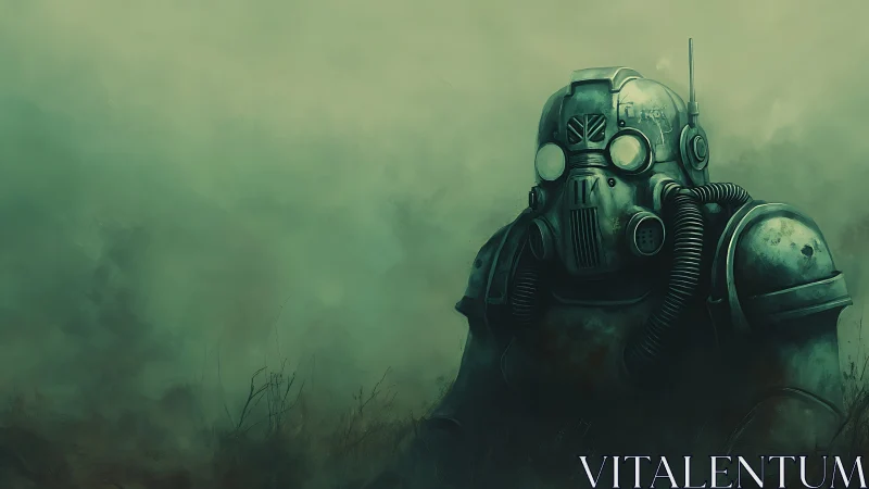 Lone wasteland sentinel in rusted gas mask armor haze.