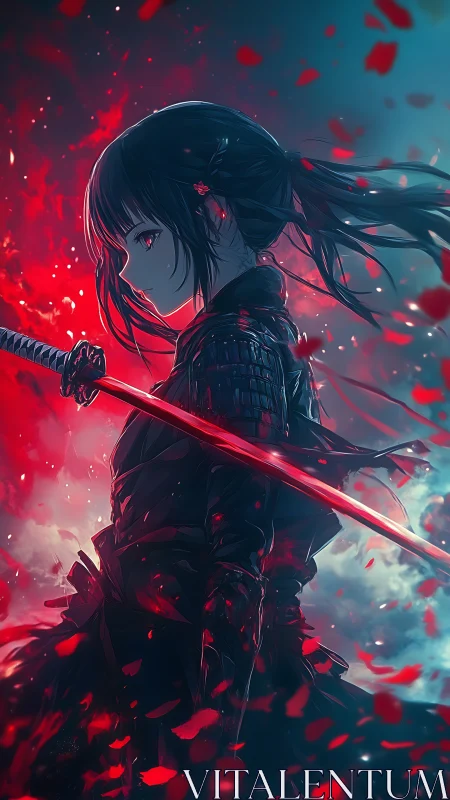 Stoic anime swordswoman holds glowing katana amid red storm