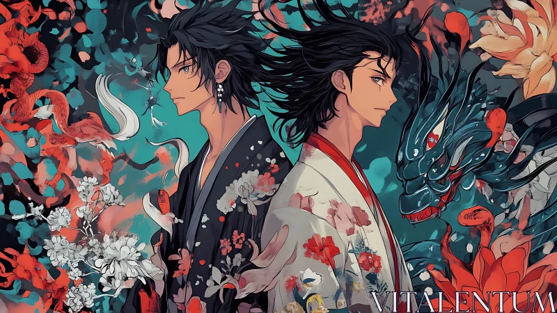 Two anime warriors stand back to back amid dragons and flowers