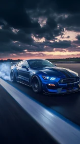 Midnight blue sports car racing into a stormy sunset sky.