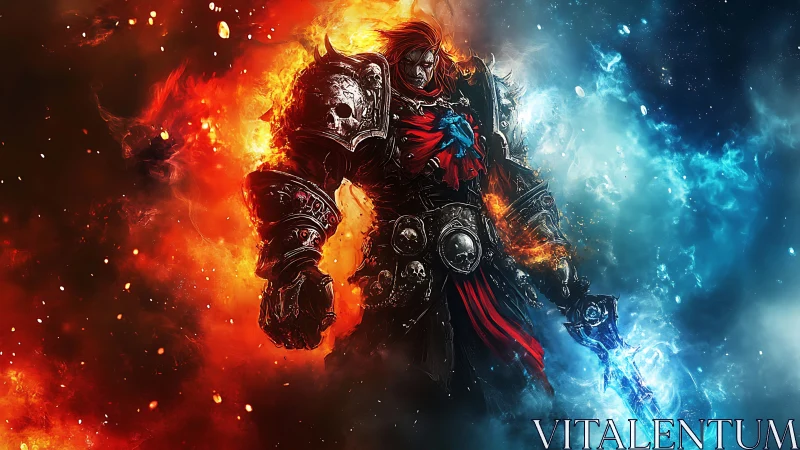 Armored warrior between opposing fire and ice fields.