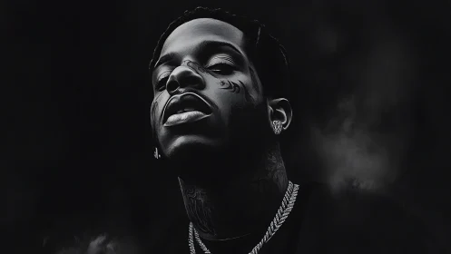 Monochrome rapper portrait with dramatic low key contrast.