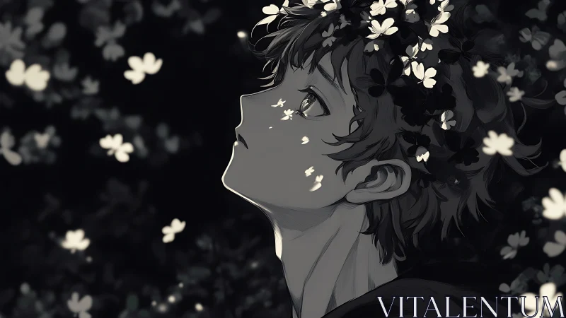 Monochrome profile of youth with scattered light petals.