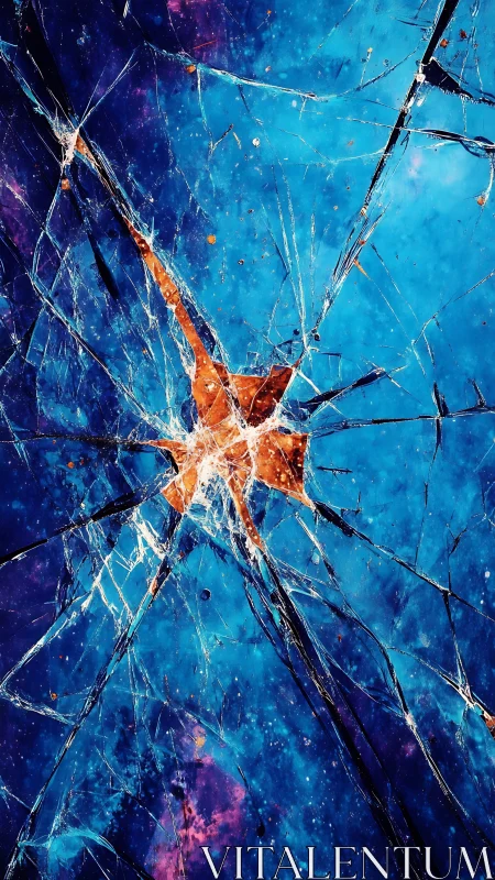 Shattered glass surface overlays a blue and purple ground