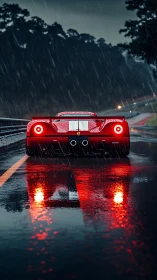 Red sports car glowing on a rainy twilight highway.