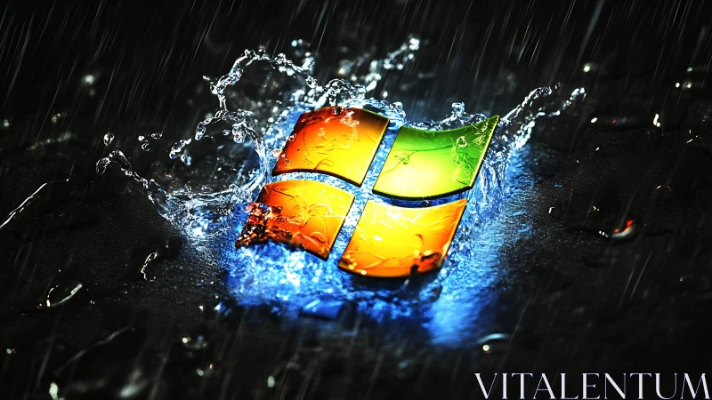 Illuminated glass logo shattering through dynamic water splash.