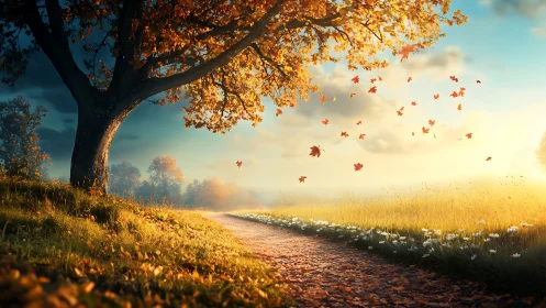 Golden wind-tossed leaves escort a glowing country path.