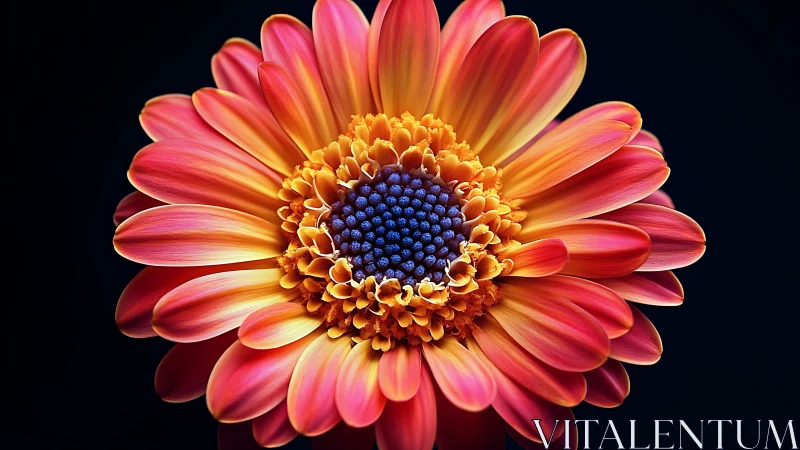 Fiery Gerbera Daisy Bursts in Chromatic Splendor Against Darkness.