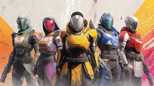 Armored sci fi squad stands united in bold neon color storm