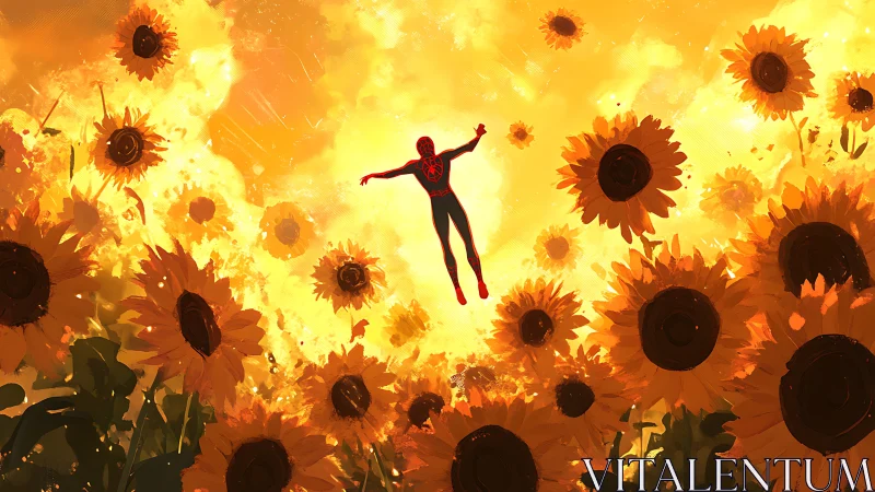 Sunflower sky catches a soaring masked hero mid-dream