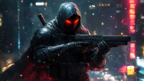 Hooded armed figure stands in neon city during rainfall