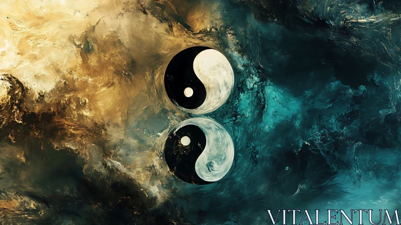 Twin yin yang orbits in swirling teal and ember cosmos.