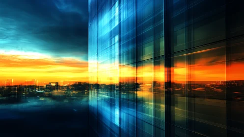 Urban skyline reflection across glass facade at sunset.