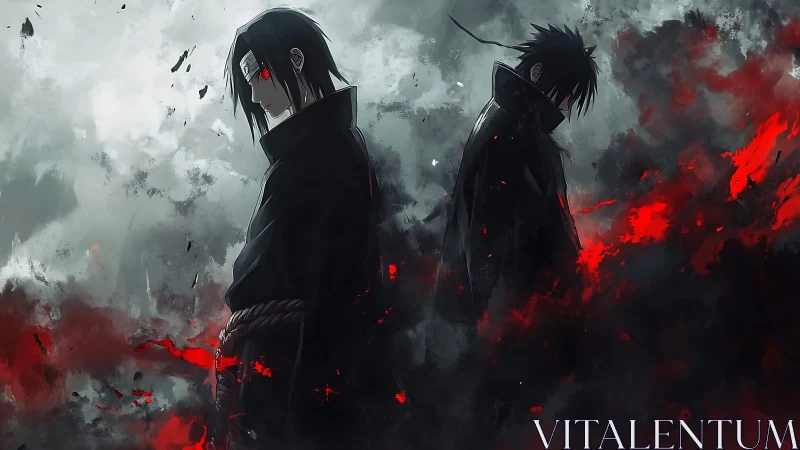 Two cloaked figures stand back to back in red and gray haze