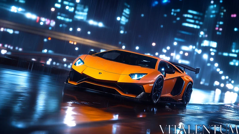 Aerodynamic supercar under neon rain on reflective city asphalt.