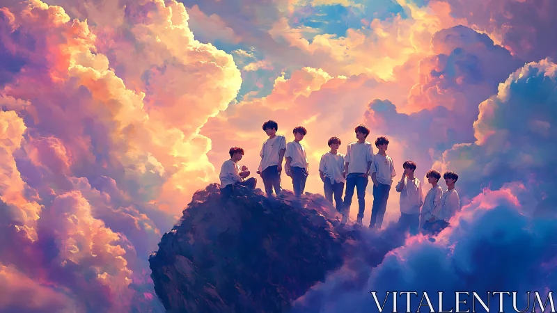 Dreamlike digital painting of youth on cloud-crowned cliff.