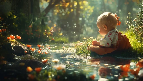 Toddler studies glowing forest pond amid soft morning light