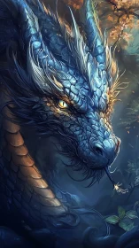 Iridescent blue dragon head with high-detail scales and warm rim lighting