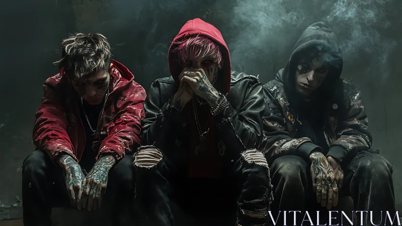 Smoke-soaked street prophets brood beneath cracked concrete skies