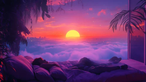 Person resting in bed facing vivid pink and orange sunset.