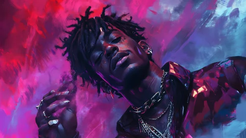 Portrait shows man in neon lighting with smoke and bold colors