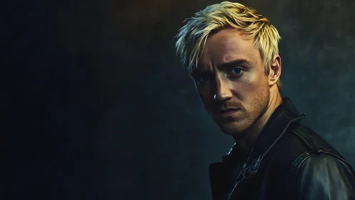 Brooding blond rebel in moody cinematic rim lighting portrait.