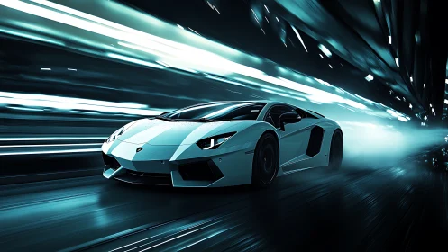 Futuristic white supercar racing through neon tunnel corridor.