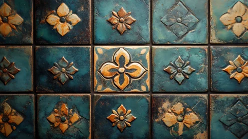 Oxidized ceramic tile matrix with embossed floral reliefs.