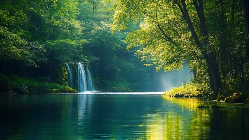 Forest waterfall in calm pool with deciduous canopy overhead.