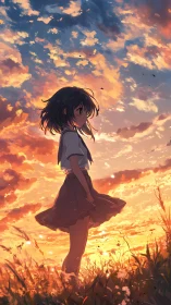 Sunlit anime girl standing in glowing sunset meadow scene.